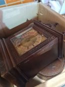 A late Victorian mantle clock having oak carved case and sundry items