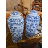 A pair of modern Chinese style blue and white table lamps, height to fitment 60cms approx