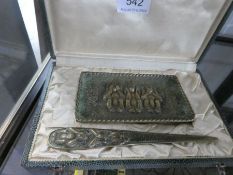 A French bronze letter opener and pen dish decorated three monkeys by Le Verrier in fitted case