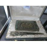 A French bronze letter opener and pen dish decorated three monkeys by Le Verrier in fitted case