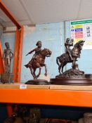 Selection of bronze resin figures depicting Soldiers on horse back, rugby players, animals, etc