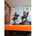 Selection of bronze resin figures depicting Soldiers on horse back, rugby players, animals, etc