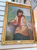 Oil on canvas portrait depicting a girl holding a basket