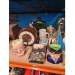 A selection of vintage glass and chinaware, vintage card games, coins, metal figures, character jugs