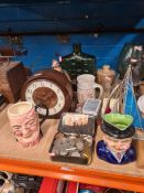 A selection of vintage glass and chinaware, vintage card games, coins, metal figures, character jugs