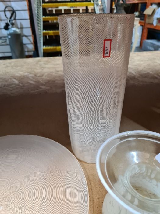 Three white and clear glass items including a circular dish and two vases - Image 3 of 4