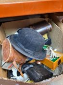 A mixed box of collectables including binoculars, china, bowler hat, etc