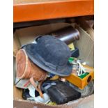 A mixed box of collectables including binoculars, china, bowler hat, etc