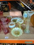 A small quantity of Victorian Vaseline glass items and similar quantity of Cranberry glass