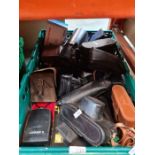 A box of vintage cameras to include a Lubitel 166B, Lenses and similar