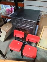 A painted music cabinet, four small child's chairs and sundry