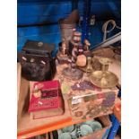 A mixture of collectables including a Mouseman napkin ring, brass and metalware, vintage handbag, a