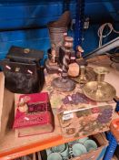 A mixture of collectables including a Mouseman napkin ring, brass and metalware, vintage handbag, a