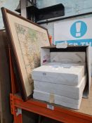 Two antique style maps and a box of collector's plates