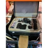 A selection of vintage camera items, Zorki, boxed, etc