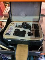 A selection of vintage camera items, Zorki, boxed, etc