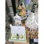 Two Royal Doulton figures, three coalport cottages and sundry