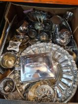 Two cartons of silver plated items including cutlery, to also include a Mappin and Webb teapot