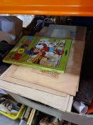 Three boxes of various china, typewriter, children's annuals, etc and a child's wooden chair