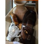 A box of mixed china and treen including a display cabinet