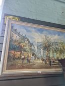 A modern oil of Paris street scene by G Nelson and one other modern oil of similar scene