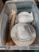 Two boxes of mixed china and metalware