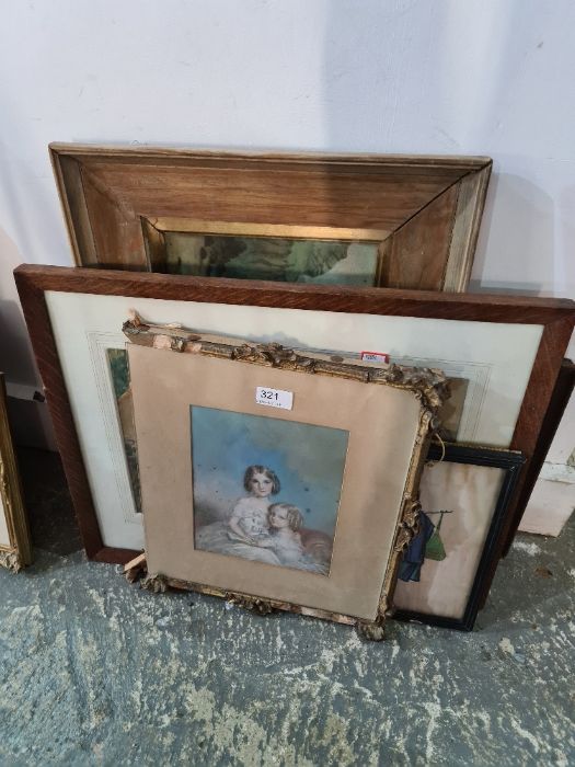 An antique pastel picture of two young girls, with pencil signature, also includes various watercolo