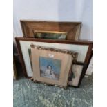 An antique pastel picture of two young girls, with pencil signature, also includes various watercolo