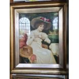 Two Victorian painted over prints by H Blande Sparks of seated ladies in garden settings