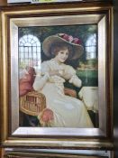 Two Victorian painted over prints by H Blande Sparks of seated ladies in garden settings