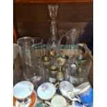 A box of chinaware including Crown Staffordshire, glass, etc