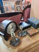 A pair of candlesticks, three boxes, a 1930s clock and a child's chair
