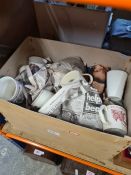 A box of Coronation and Commemorative mugs. Also includes a copper hunting horn and bed pan