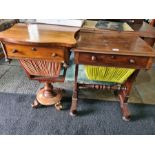 An antique rosewood sewing table having one drawer with bag drawer under and Victorian mahogany sewi