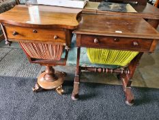An antique rosewood sewing table having one drawer with bag drawer under and Victorian mahogany sewi