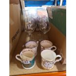 A box of mixed china from various manufacturers, including Reproduction mugs from Buckingham Palace