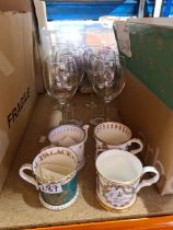 A box of mixed china from various manufacturers, including Reproduction mugs from Buckingham Palace