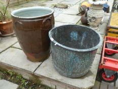 An old copper coffer having riveted band and a large pot (A/F)