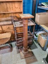 A Victorian burr Walnut Canterbury What Not having one drawer and a walnut pedestal having fluted co