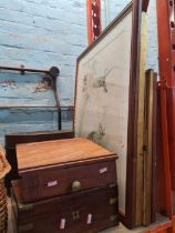 A brass bound desk slope, a wicker dolls crib, two Tiffany style shades, hat box, mirror and sundry