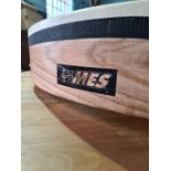 A large wooden drum by MES with segmented numbered top and soft carry case, 87.5cm