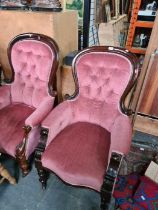 Two similar Victorian mahogany button back arm chairs