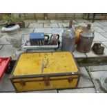 A sundry lot to include a pair of 32kg weights, two metal containers etc