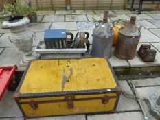 A sundry lot to include a pair of 32kg weights, two metal containers etc