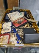 Tray of vintage and modern costume jewellery to include Silver bangle, cased silver and marcasite br