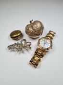 Antique silver apple rattle, hallmarked, marcasite brooch, locket and a modern Ladies Citizen Eco Dr