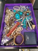 Tray of mixed costume jewellery to include turquoise necklaces, watches, bracelets, etc