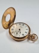 9ct gold cased Half Hunter 'Waltham' pocket watch, with white enamel dial and Roman numerals with su