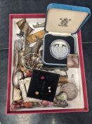 Tray of silver, collectables, coins, costume jewellery including silver plated 'Rolex' teaspoon