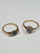 Two 9ct yellow gold dress rings both set with blue and white stones, sizes M & P, both marked 375, a